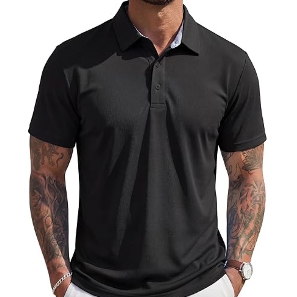 MAGCOMSEN Black Short Sleeve Cotton Golf Polo Shirts for Men
