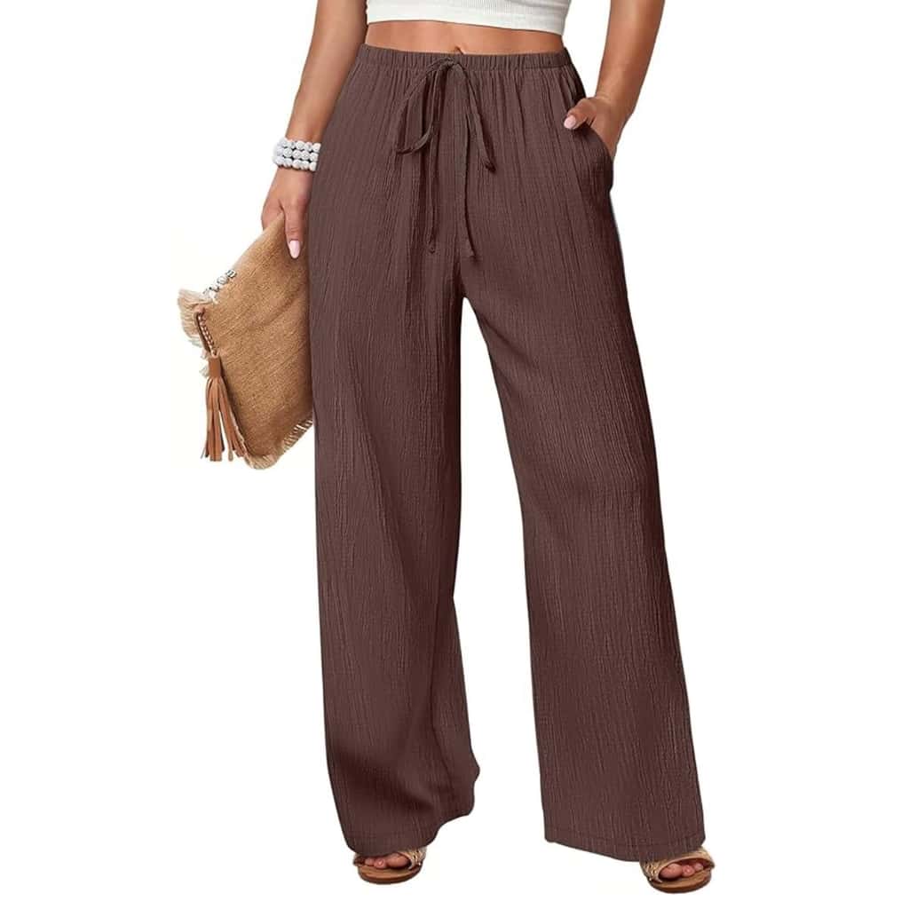 ANRABESS Women's Wide Leg Beach Pants Elastic Waist Lightweight Casual Flowy Palazzo Lounge Trousers with Pockets